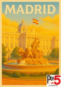 Vintage-style travel poster of Madrid with Cibeles Fountain and Spanish Royal Palace in warm golden sunlight