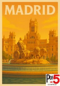 Vintage travel poster of Madrid, Spain, featuring the famous Cibeles Fountain and Palacio de Cibeles in warm golden tones