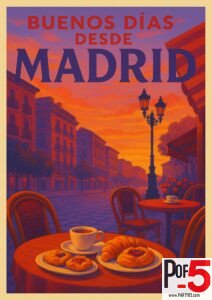 Retro Madrid travel poster at sunrise with Spanish pastries and coffee on a café table overlooking city streets