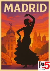 Retro-style Madrid travel poster featuring a flamenco dancer silhouette at sunset with iconic Spanish architecture in the background