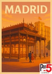 Vintage-style Madrid travel poster with Mercado de San Miguel, elegant couple walking at sunset, and historic Spanish architecture in warm orange tones