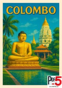 Vintage-style Colombo travel poster with golden Buddha statue, tropical palm trees, and historic temple in Sri Lanka