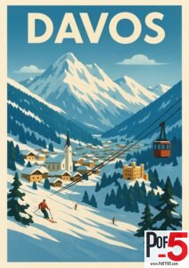 Retro-style Davos Switzerland travel poster with alpine village, snowy mountain peaks, ski slopes, skiers, and red cable car in the Swiss Alps