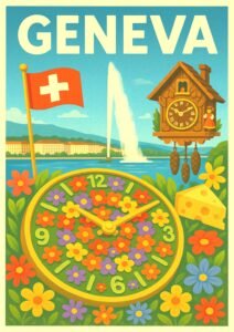 Bright and cheerful Geneva Switzerland travel poster with Jet d’Eau fountain, flower clock, Swiss flag, cuckoo clock, and wedge of Swiss cheese in a vibrant floral design