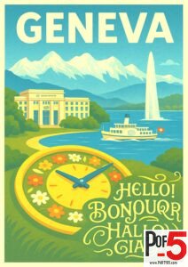 Colorful Geneva Switzerland travel poster with the Jet d'Eau fountain, United Nations building, Lake Geneva steamboat, and iconic flower clock in a vintage style