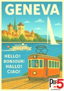 Colorful Geneva travel poster featuring vintage tram number 6, Jet d’Eau water fountain, scenic lake cruise boat with Swiss flag, and historic Saint Pierre Cathedral in old town Geneva