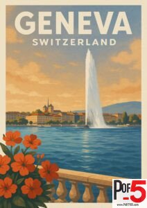Vintage-style poster of Geneva, Switzerland featuring the Jet d’Eau fountain on Lake Geneva at sunset with historic buildings in the background