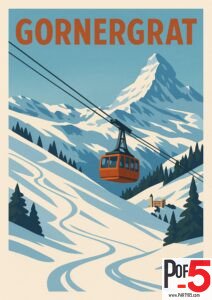 Retro-style travel poster of Gornergrat with red cable car ascending snowy slopes beneath the Matterhorn in the Swiss Alps