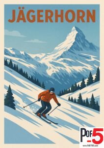 Vintage-style travel poster of Jägerhorn with skier in red jacket descending snowy slopes in the Swiss Alps