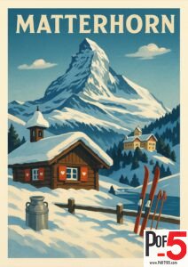 Vintage Matterhorn travel poster with snowy Swiss chalet, ski gear, and the iconic mountain in the Swiss Alps during winter