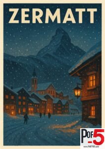 Vintage travel poster of Zermatt, Switzerland, showing snowy Alpine village at night beneath the Matterhorn mountain