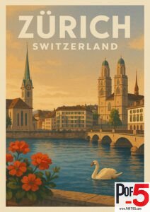Vintage-style Zürich Switzerland travel poster featuring the Limmat River, historic churches, flowers, and a swan at sunset