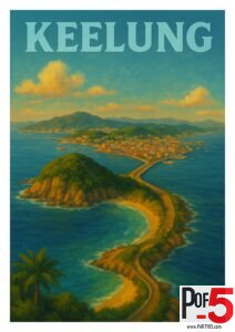 Vintage travel poster of Keelung, Taiwan, showing a winding coastal road leading to a seaside city with lush hills and surrounding ocean