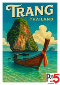 Vintage travel poster of Trang, Thailand featuring a traditional longtail boat floating on turquoise waters with a limestone karst island in the background