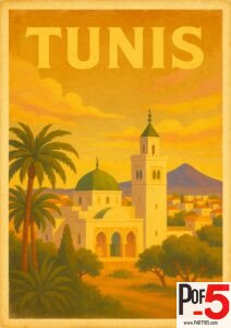 Vintage travel poster of Tunis, Tunisia featuring traditional Islamic architecture with domes and minarets surrounded by palm trees at sunset