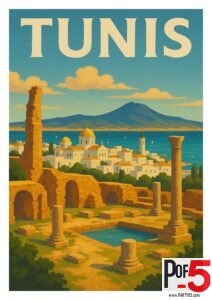 Vintage travel poster of Tunis, Tunisia featuring the ancient ruins of Carthage with whitewashed buildings and Mediterranean Sea in the background