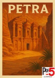 Vintage travel poster of Petra, Jordan showing the Monastery (Al-Deir) carved into red sandstone cliffs