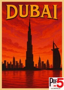 Vintage travel poster of Dubai showing the Burj Khalifa and Burj Al Arab against a dramatic red sunset skyline