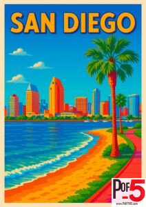 Colorful retro San Diego travel poster with downtown skyline, palm trees, and bright beach path illustration