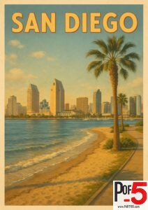 Vintage San Diego travel poster featuring downtown skyline, palm trees, and a serene beach scene