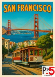 Vintage San Francisco travel poster featuring a classic cable car and Golden Gate Bridge in vibrant retro style