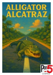 Vintage Florida travel poster with alligator on tropical highway under dramatic clouds