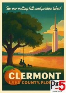 Vintage-style travel poster of Clermont, Lake County, Florida, showing a sunset over a lake with rolling hills, the Citrus Tower, a tree swing, and an orange illustration.