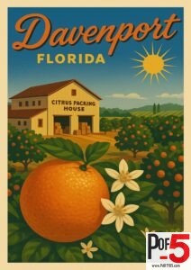 Vintage travel poster of Davenport Florida featuring orange groves, citrus packing house, and blooming blossoms under a sunny sky