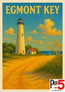 Vintage-style travel poster of Egmont Key, Florida, featuring a historic white lighthouse by the beach under a vivid blue sky with golden clouds and sea oats in the foreground.