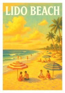 Vintage-style travel poster of Lido Beach, Florida, showing people relaxing under colorful beach umbrellas along the shoreline, with palm trees and a golden sunset sky.