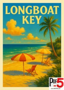 Vintage travel poster of Longboat Key, Florida, featuring a quiet beach scene with colorful umbrellas, lounge chairs, turquoise water, and a tall palm tree at sunset.