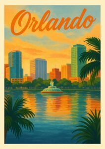 Vintage-style travel poster of Orlando, Florida, showing the downtown skyline at sunset with the Lake Eola fountain and palm trees in the foreground.