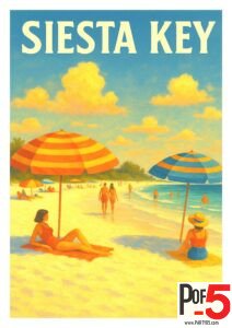Vintage-style travel poster of Siesta Key beach with bright white sand, colorful striped umbrellas, and people relaxing by the ocean under a sunny sky.