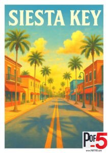 Vintage-style travel poster of Siesta Key showing a quiet palm-lined street with colorful buildings and a golden sunset sky.