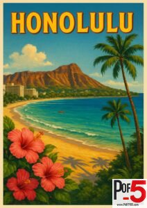 Vintage-style travel poster of Honolulu showing Waikiki Beach with Diamond Head in the background, framed by hibiscus flowers and palm trees.