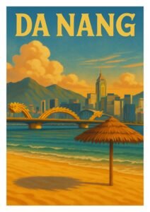 Vintage-style travel poster of Da Nang, Vietnam, showing the Dragon Bridge over the river, city skyline, and a tropical beach with a thatched umbrella.