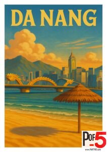 Vintage-style Da Nang travel poster featuring the Dragon Bridge, skyline, mountains, and a golden sunset over the beach with a thatched umbrella.