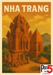 Vintage-style travel poster of Nha Trang, Vietnam, featuring ancient Cham temple ruins with coastal mountains in the background.