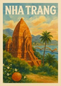 Nha Trang Watercolor Travel Poster – Po Nagar Temple & Dragon Bridge