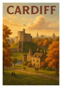 Vintage-style travel poster of Cardiff showing Cardiff Castle surrounded by autumn trees, historic buildings, and people walking in the park.