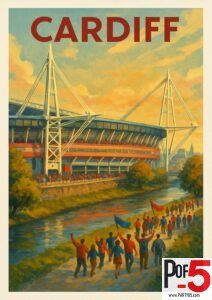 Vintage travel poster of Cardiff showing a riverside stadium filled with fans, with supporters walking along the path at sunset.