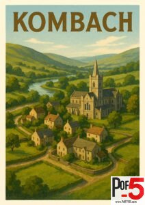 Vintage-style travel poster of Kombach showing an aerial view of a church and countryside village nestled in a lush green river valley.