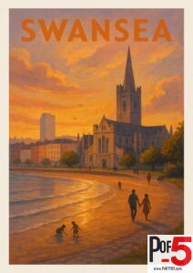 Vintage-style travel poster of Swansea showing a beachside church at sunset with families walking along the shore.