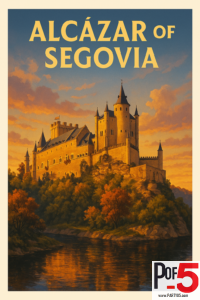 Vintage-style poster of the Alcázar of Segovia in Spain, showing the medieval castle on a rocky hill at sunset with warm golden light and autumn trees.