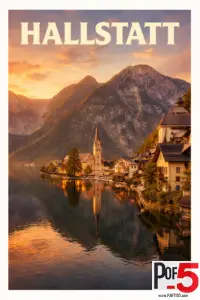 Vintage travel poster of Hallstatt at sunset with mountains, lakeside village, church spire, warm golden light, and calm water reflections.