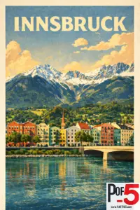 Vintage-style travel poster of Innsbruck, Austria, featuring colorful houses along the river, a church steeple, lush green hills, and snow-covered Alpine peaks under a bright sky.