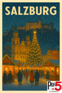 Vintage Christmas poster of Salzburg featuring a snowy market scene, illuminated stalls, a large Christmas tree, Salzburg Cathedral domes, and Hohensalzburg Fortress at night.