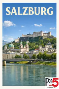 Vintage-style travel poster of Salzburg, Austria, featuring the Hohensalzburg Fortress on the hill, baroque church domes, historic old town buildings, and the Salzach River under a bright blue sky.