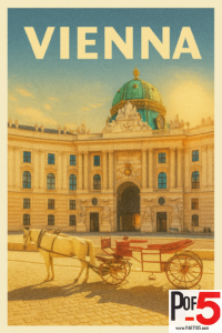 Vintage-style Vienna travel poster featuring a horse-drawn fiaker carriage in front of the historic Hofburg Palace under a golden sunrise.