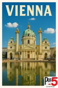 Vintage-style Vienna travel poster featuring Karlskirche with its green dome, twin columns, baroque façade, and reflection in the water under a bright blue sky.
